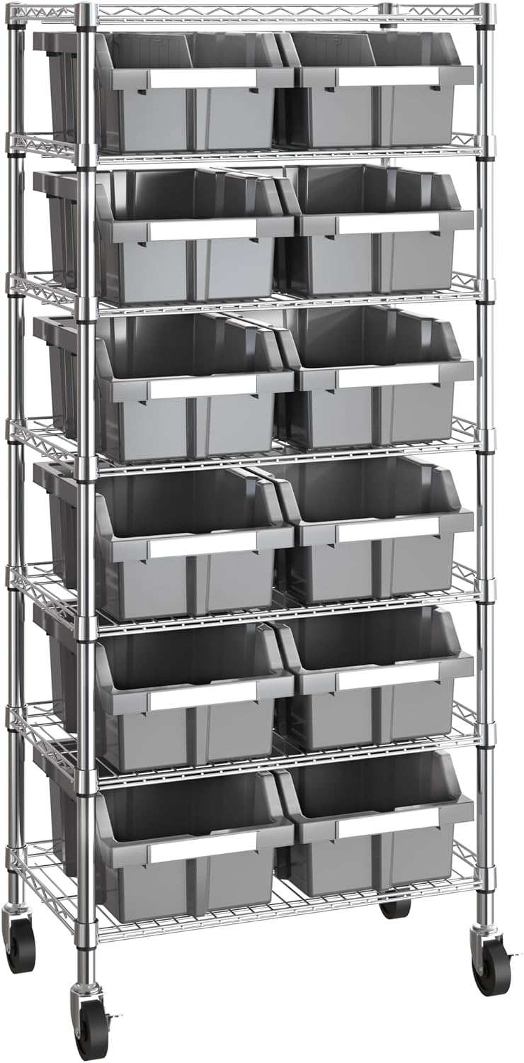 7-Tier NSF 12-Bin Steel Wire Shelving Rack, 25"W x 14"D x 56"H, Gray