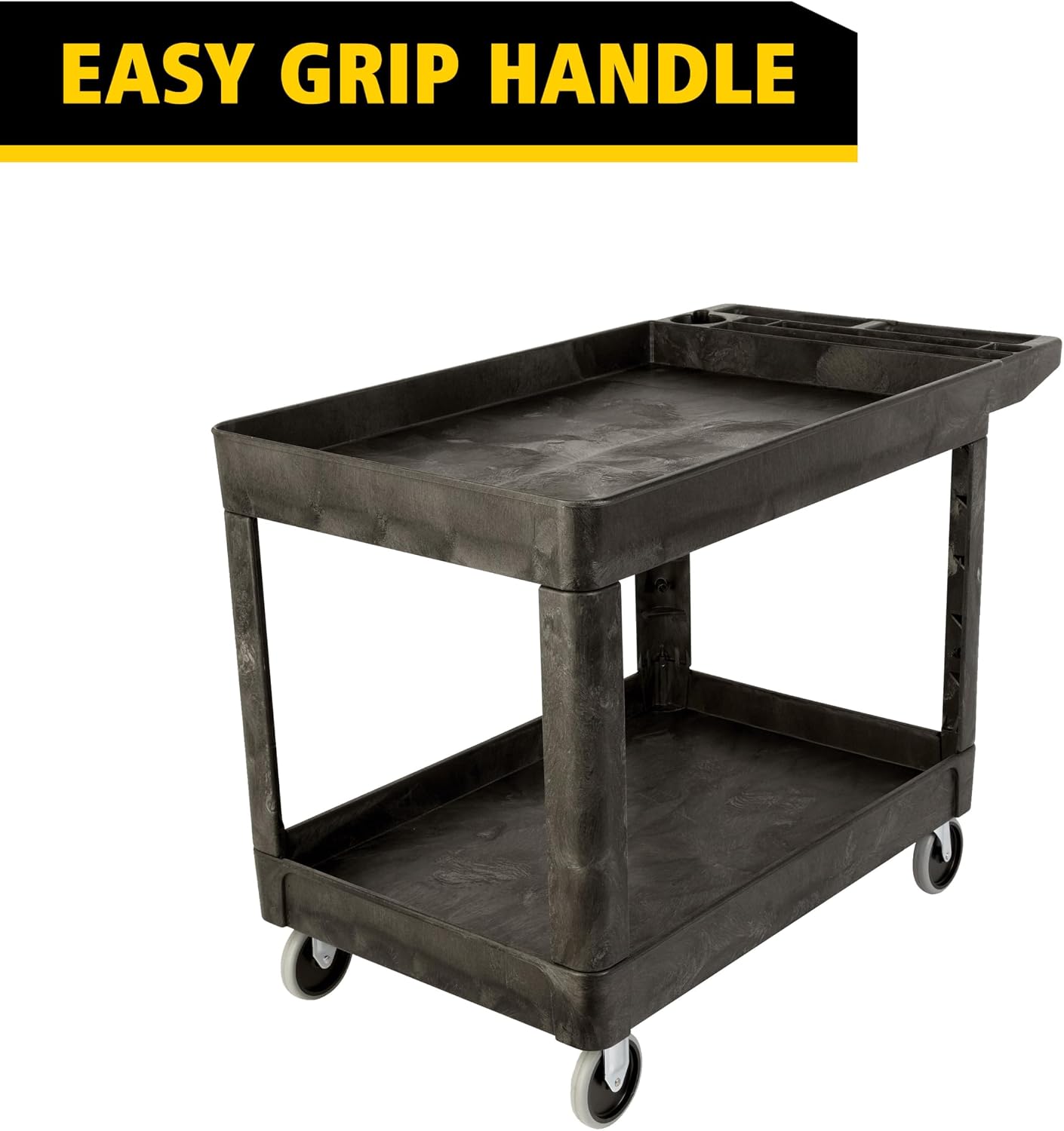 2-Shelf Utility/Service Cart, Medium, Black, Lipped Shelves, Ergonomic Handle, 500 lbs. Capacity, for