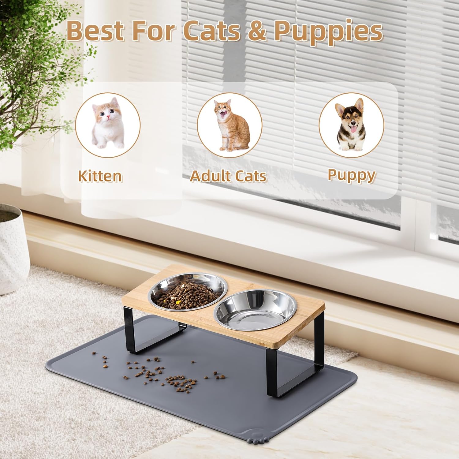 Upgraded Elevated Cat Bowls with Food Mat,15°Tilted Stand Anti Vomiting Raised Cat Dishes for Food and Water,2