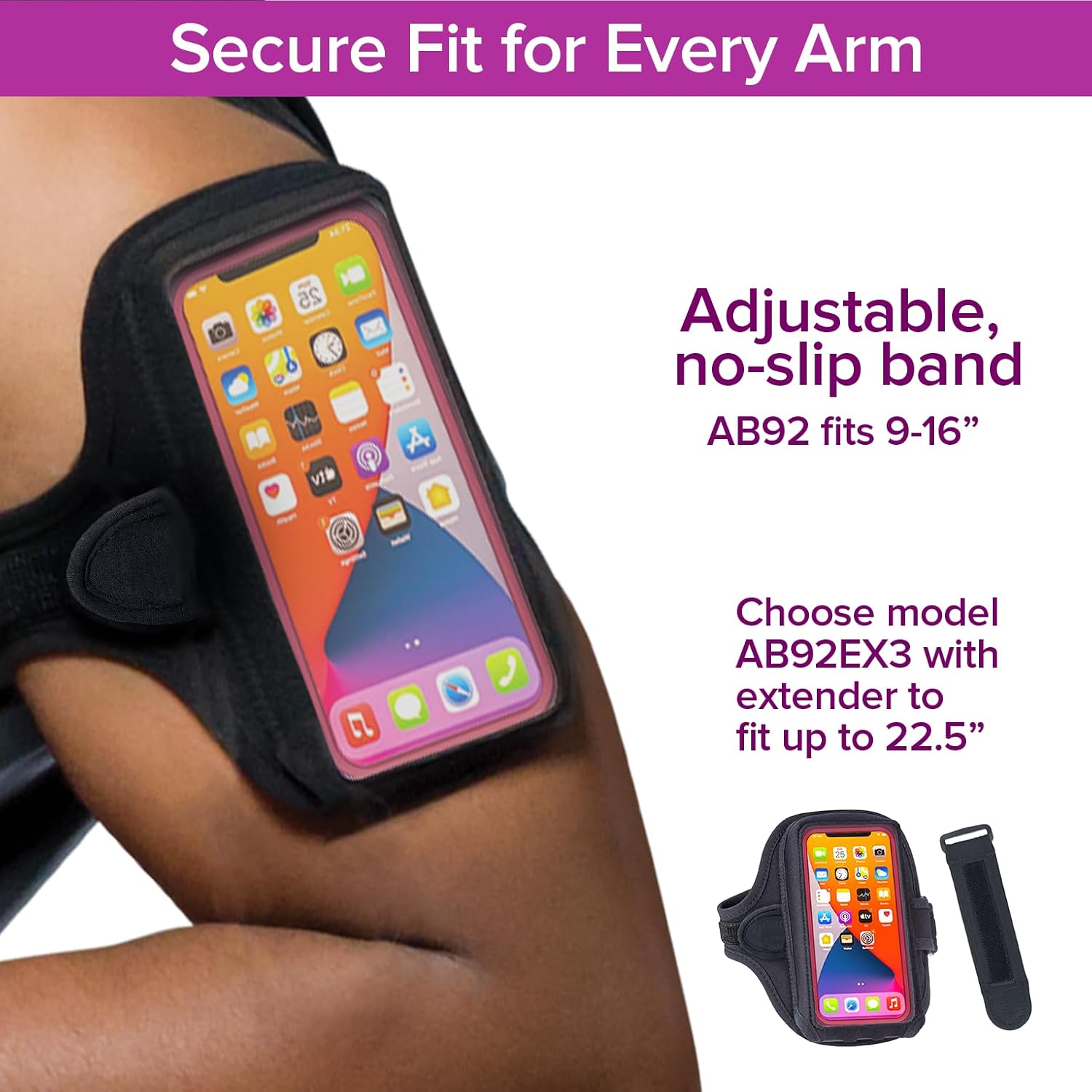 AB92 No-Slip Running Armband for Large/XL Phones and Cases | Fits iPhone 17/16/15/14/13 Pro Max, Plus, Samsung Galaxy