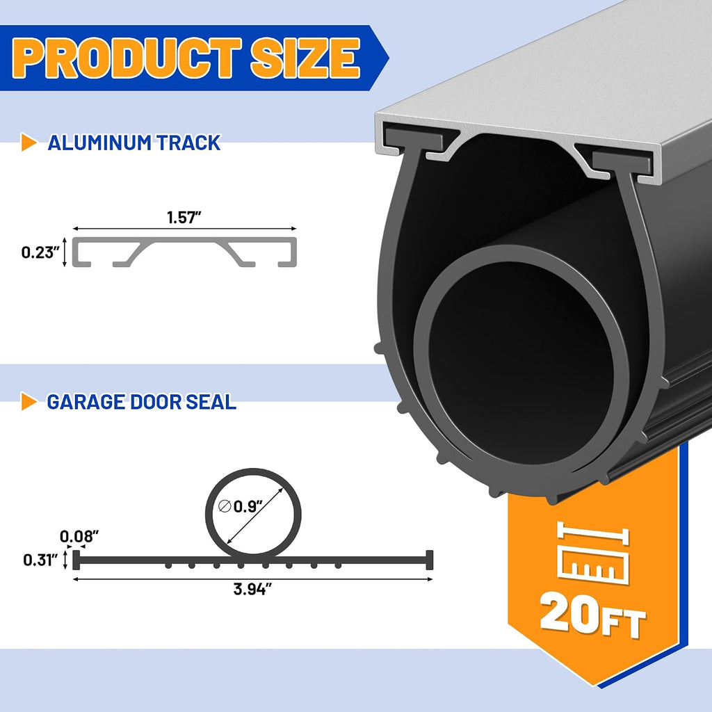 Garage Door Bottom Seal, 20FT Heavy-Duty Garage Door Seal with Aluminum Track Retainer Kit, Durable Universal U+O