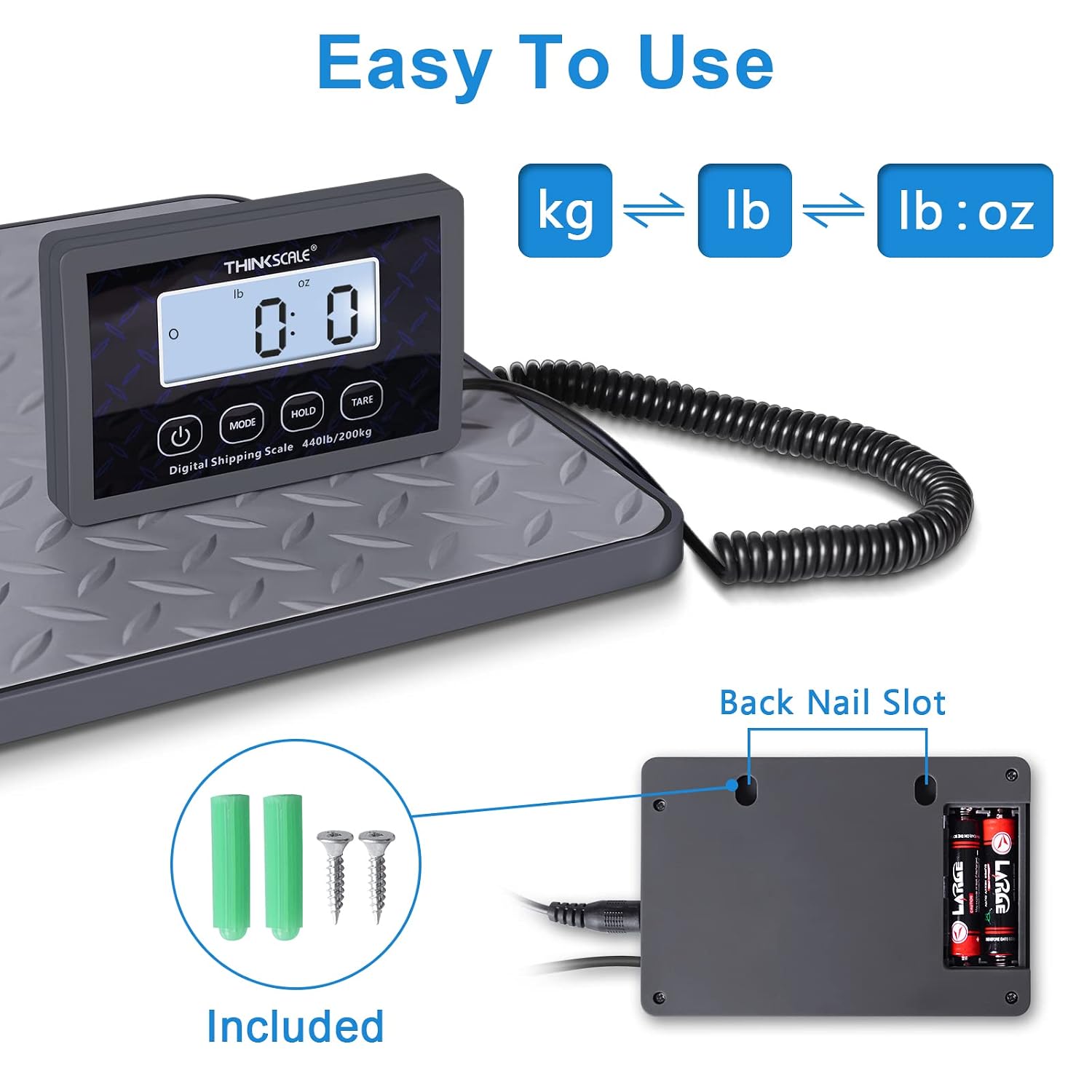 Shipping Scale, 440 lb x 1 oz Digital Postal Scale, Hold & Tare | Non-Slip Rubber Platform, Bright Backlit LCD