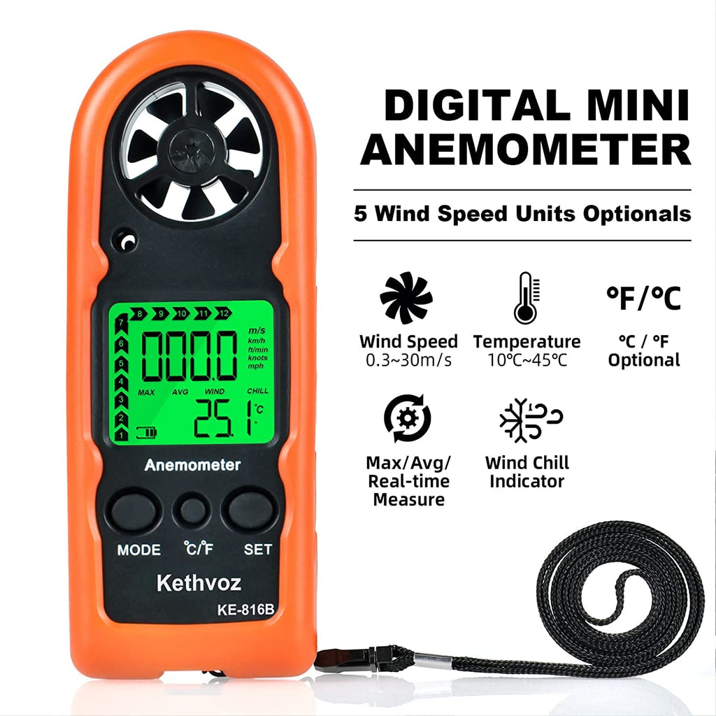Anemometer Handheld Wind Meter 65mph, Kethvoz Mini Air Velocity Gauge 816B