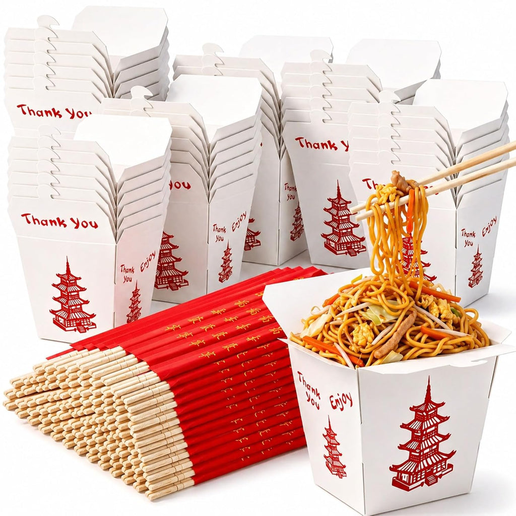 50 Sets 32 oz Chinese Take Out Boxes with Disposable Chopsticks