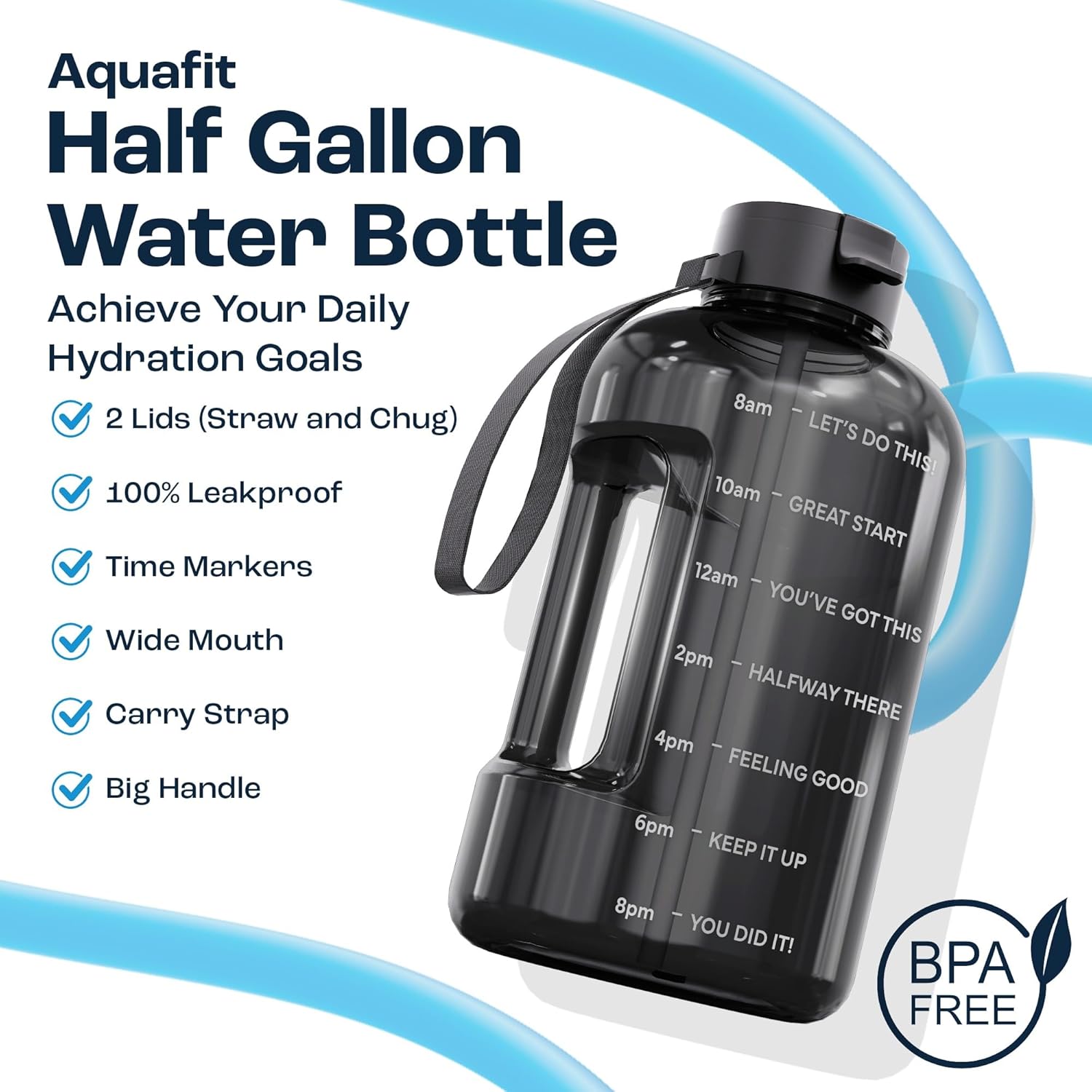 Half Gallon Water Bottle with Motivational Quotes | BPA Free 64 oz Water Bottle with Straw and Chug Lids - Leakproof