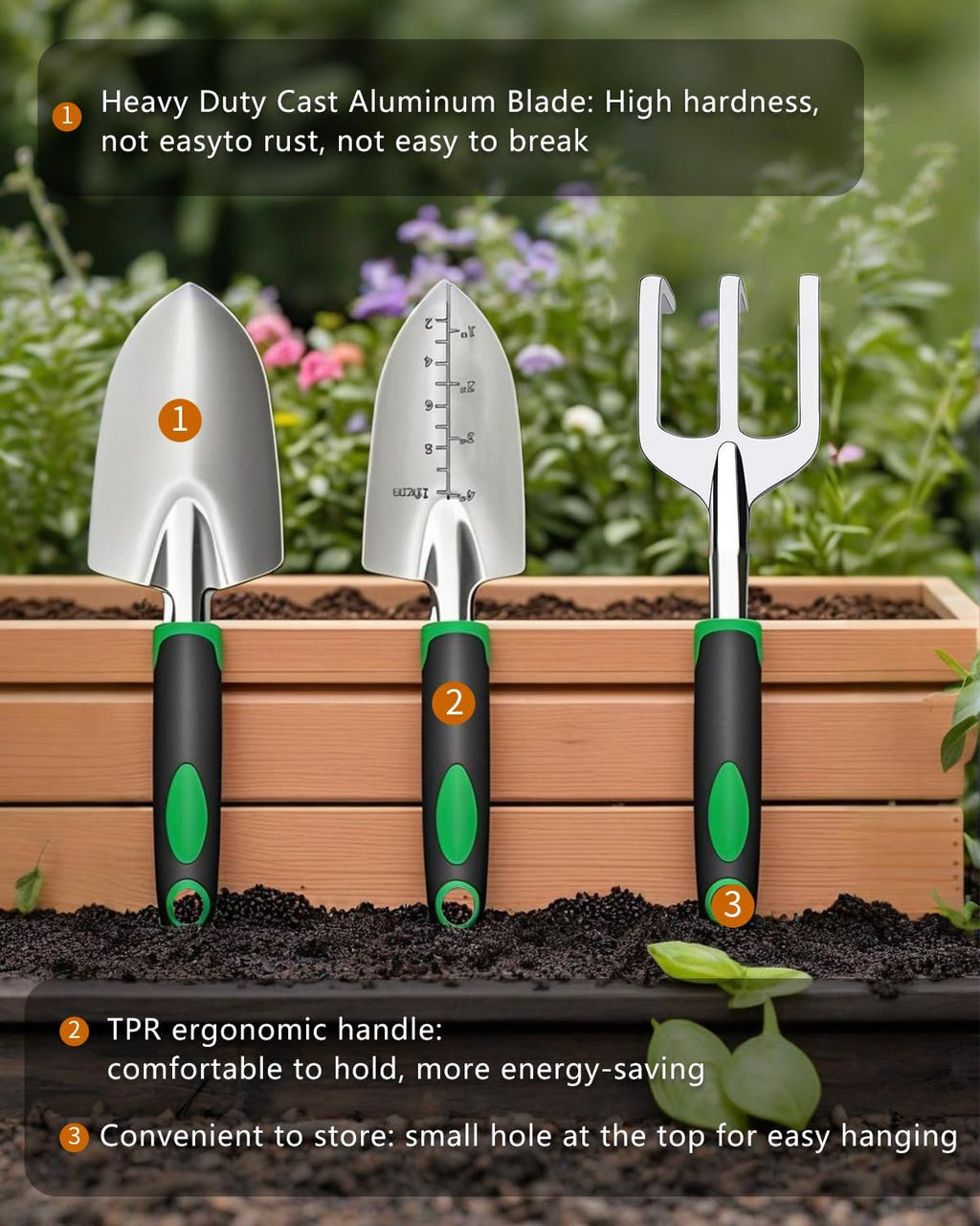 Garden Tools, Heavy Duty Cast-Aluminum Garden Tool Set with Hand Trowel, Transplant Trowel, Cultivator Rake, Soft