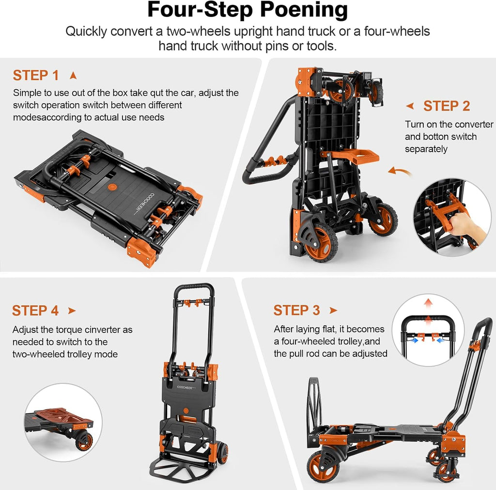 Folding Hand Truck Dolly, 330lb Convertible 4 to 2 Wheel Moving Cart,Orange | Dolly Cart with Retractable, Aluminum