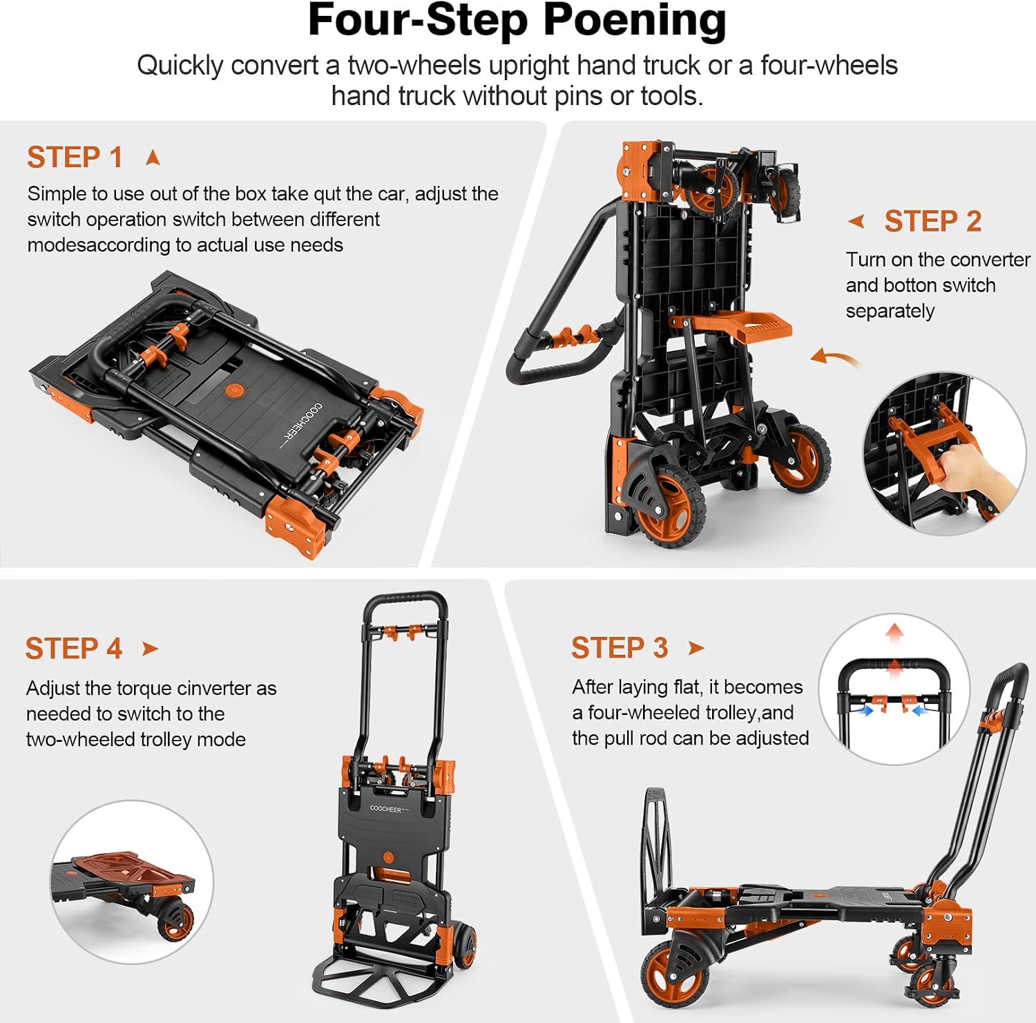 Folding Hand Truck Dolly, 330lb Convertible 4 to 2 Wheel Moving Cart,Orange | Dolly Cart with Retractable, Aluminum