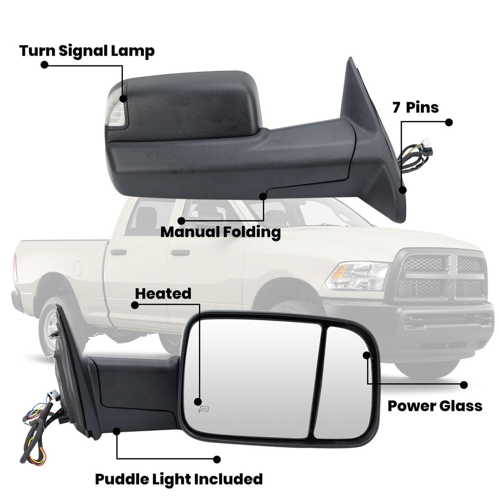 Right Passenger Side Mirror for 2013-2019 Dodge Ram 2500 Black(Long Arm)
