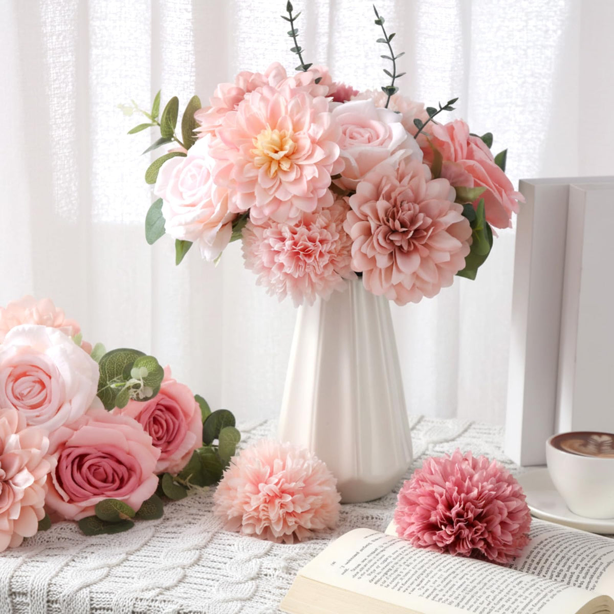 98pcs Artificial Flowers with Stems, Pink Color