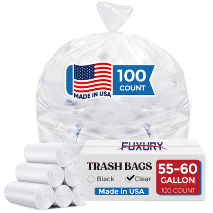 55-60 Gallon Heavy Duty Trash Bags, 100 Count Clear Garbage Bags, 23 Mic Thick, 38x58 in, Star-Seal Bottom, Plastic