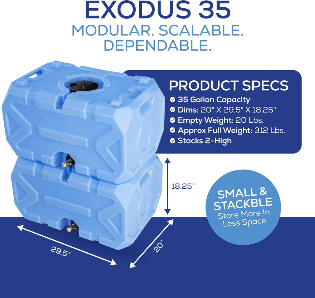 Rockwell Exodus 35 Gallon Stackable Emergency Water Storage Tank, BPA-Free Water Container for Home Backup, Camping