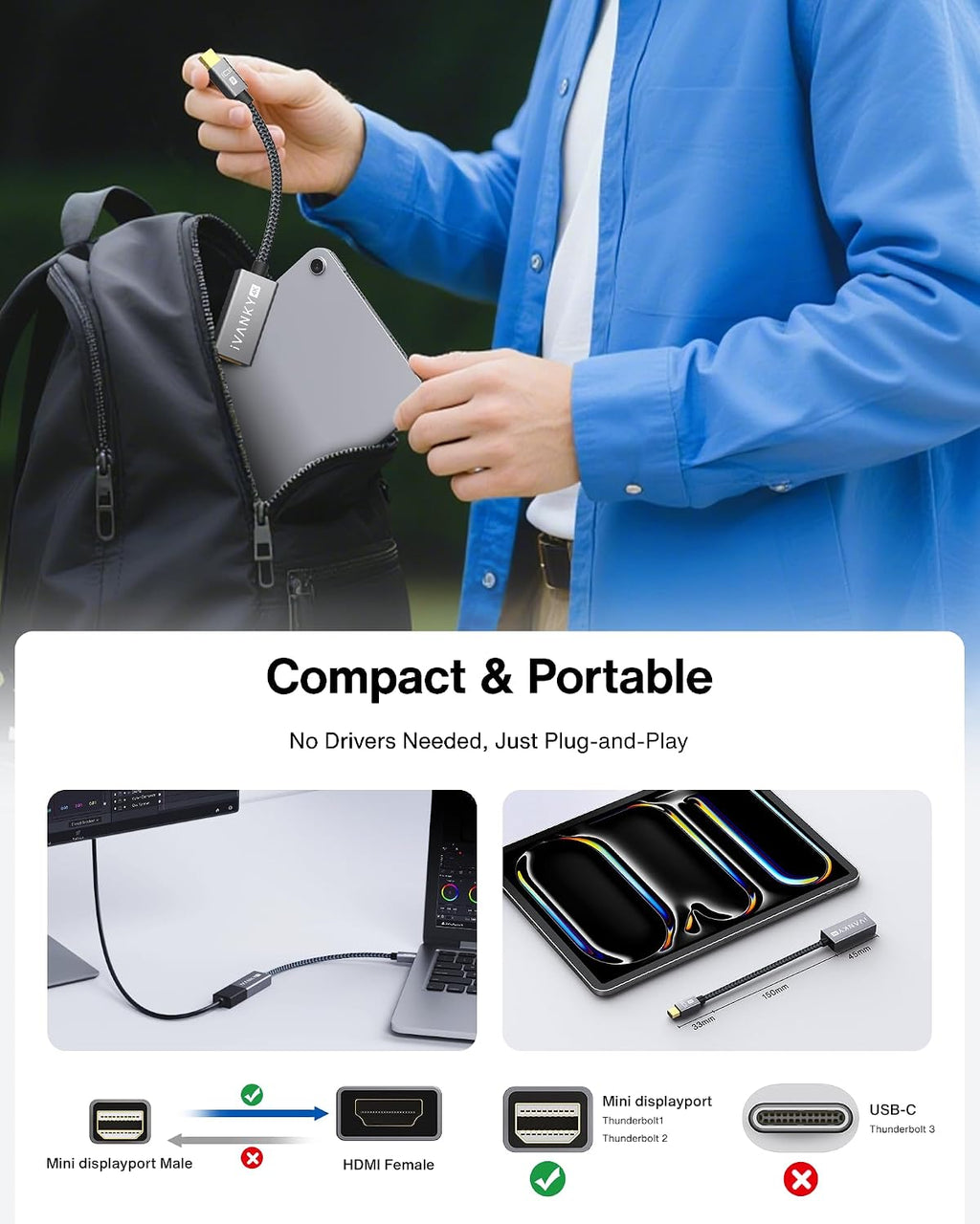4K Mini DisplayPort to HDMI Adapter, 4K@30Hz Mini DP to HDMI Adapter | Gold-Plated/Braided Thunderbolt 2 to HDMI