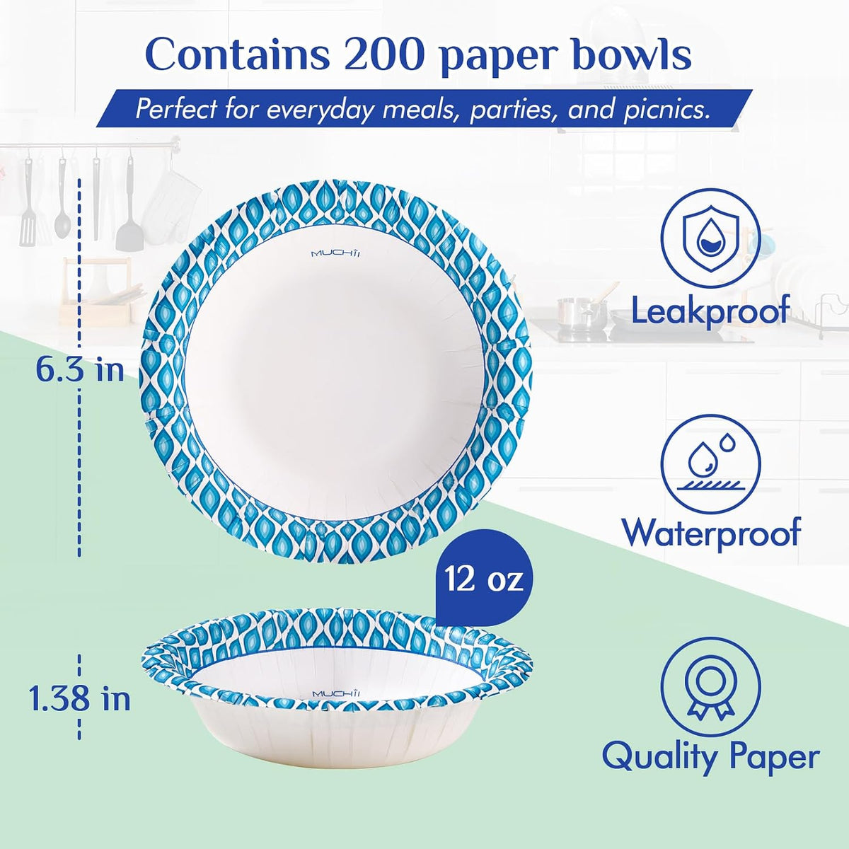 12 oz Paper Bowls, 200 Count Printed Disposable Small Bowls Bulk
