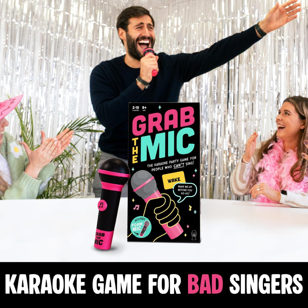 Official Grab The Mic – Family Karaoke Board Game w/Foam Mic, 8+ Ages, 2-10 Players - Games for Bad Singers w/ 230