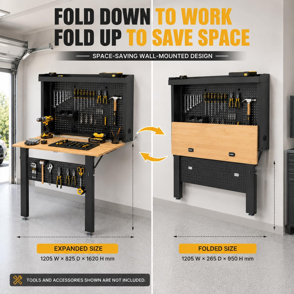 Wall Mounted Fold Down Workbench with Pegboard Organizer, Heavy Duty Folding Work Table with Storage Shelf, Space