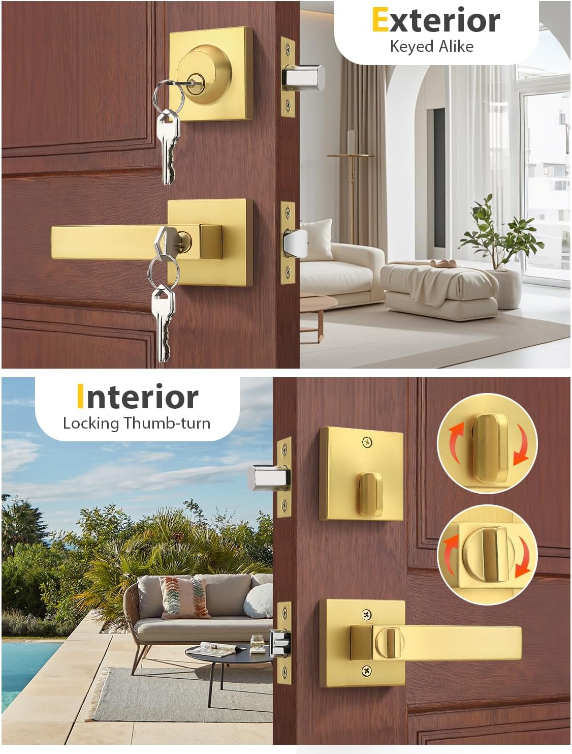 Brushed Gold Keyed Alike Front/Exterior Door Lever with Single Cylinder Deadbolt, Satin Brass Entry Door Knob Lock