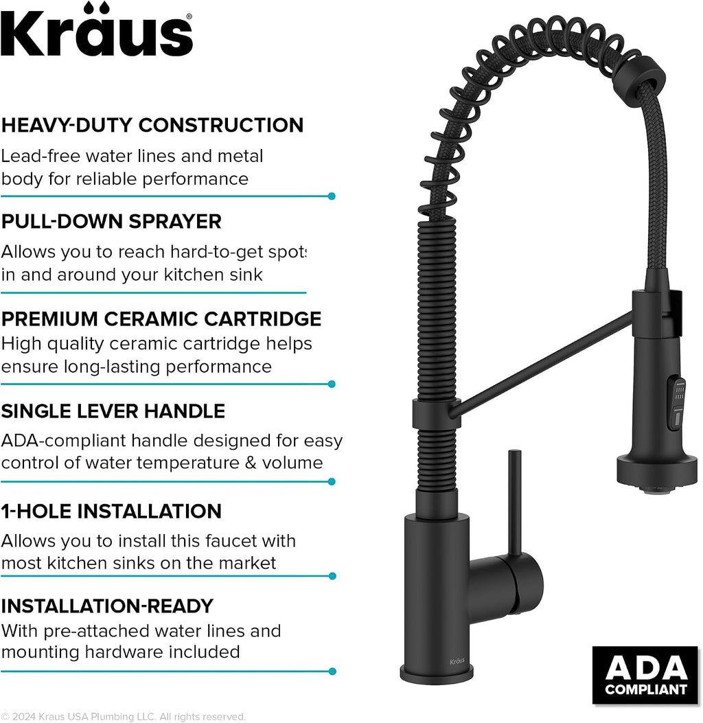 Bolden Commercial Style 2-Function Single Handle Pull Down Kitchen Faucet in Matte Black, KPF-1610MB + KRAUS