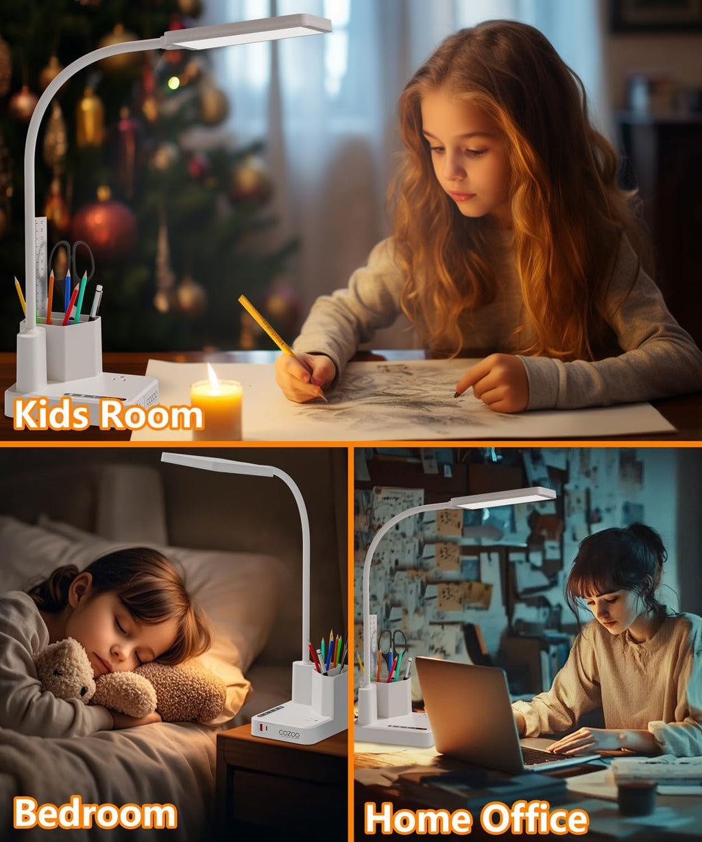 LED Desk Lamp for Dorm USB A/C Charger Pen Holder 3 Light Modes White | 3 Color Modes, 3 Brightness, 360° Gooseneck