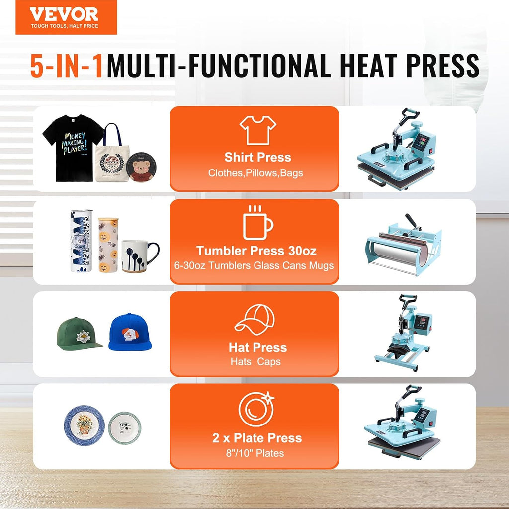 Heat Press Machine, 12 x 15 inch, 5 in 1 Heat Transfer Machine with 30 oz Tumbler Press, 360° Swing Away T-Shirt