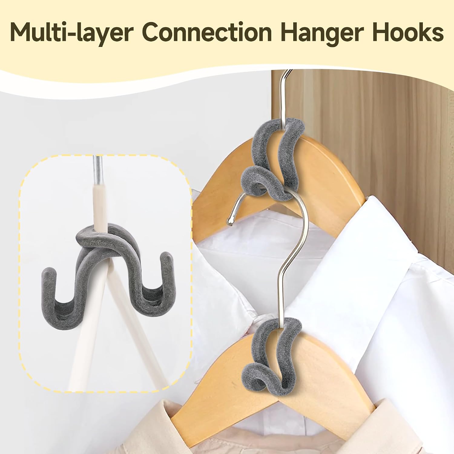 60 Pack Velvet Space-Saving Hanger Connector Hooks for Closet, Gray | Cascading Hanger Hooks, College Dorm Essentials