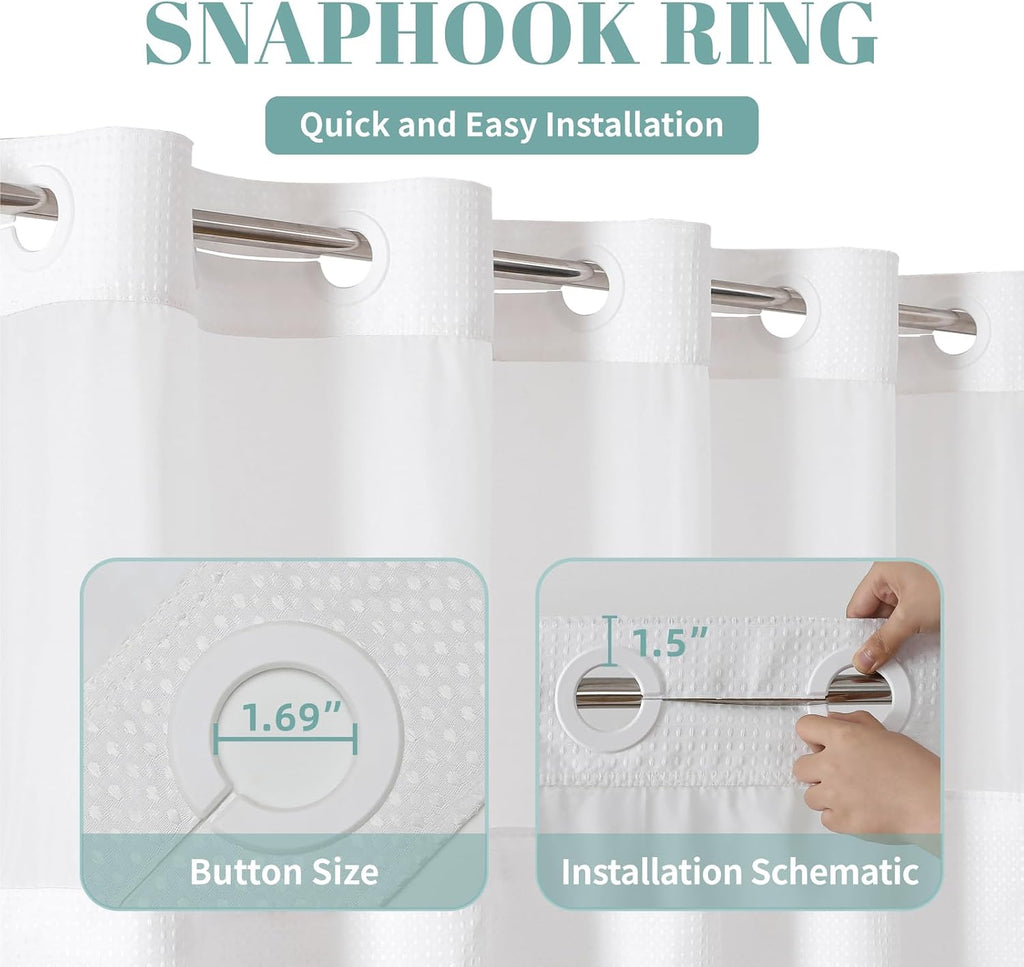 No Hook Waffle Shower Curtain with Snap-in Liner, 71x74 Inch, White | 230 GSM waffle weave fabric, waterproof liner
