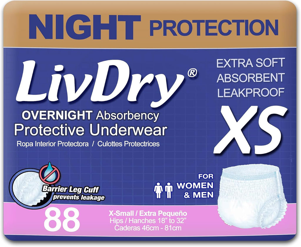 Adult Incontinence Underwear, Overnight Comfort Absorbency, Leak Protection, X-Small (88 Count)