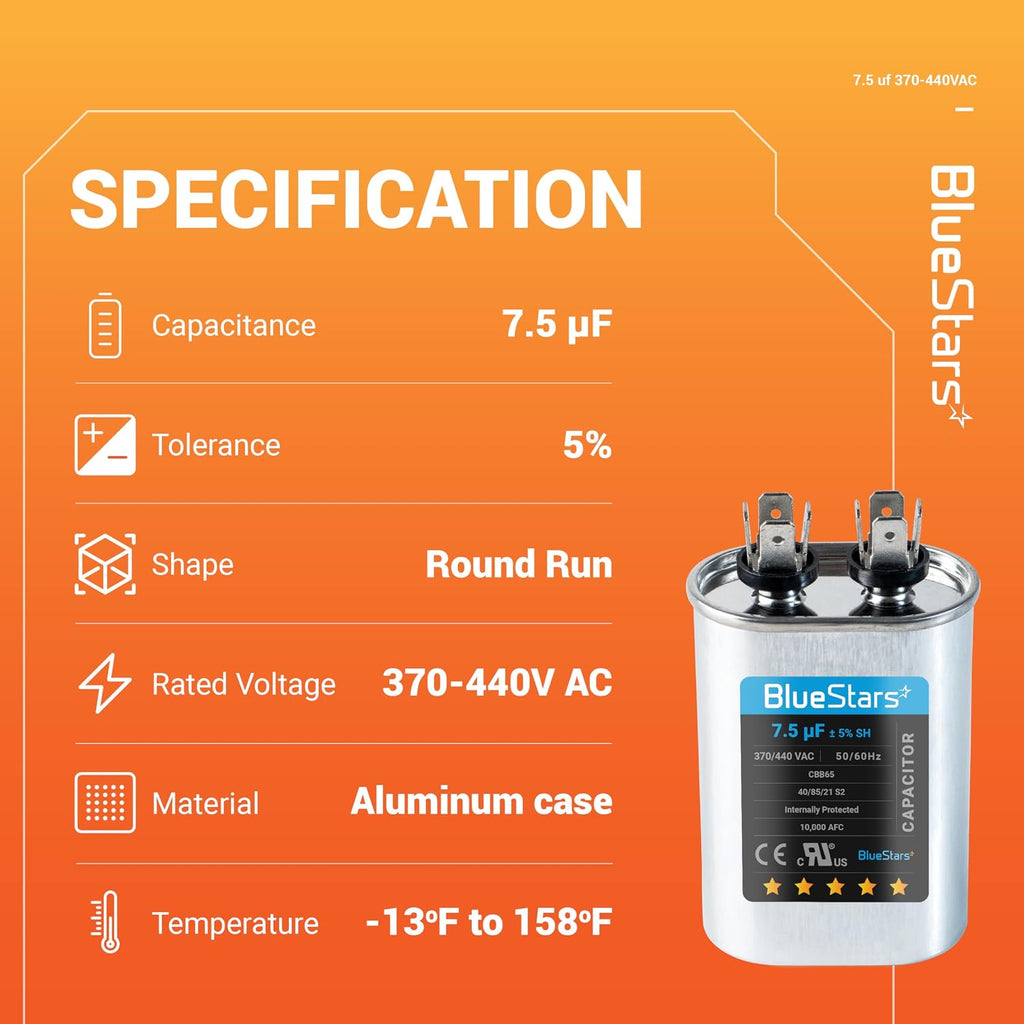 BlueStars 7.5 uF MFD 370 or 440 Oval Run Capacitor TP-CAP-80/5/440R