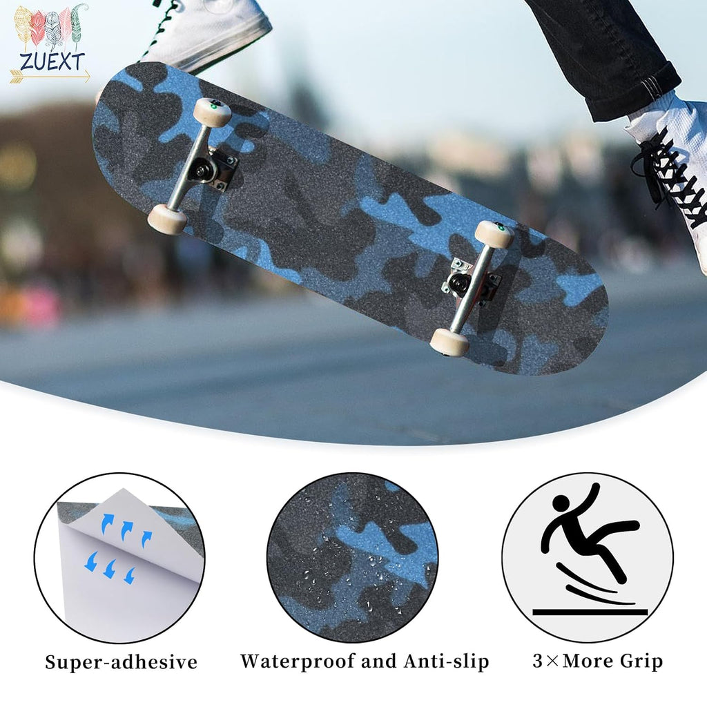 9" x 33" Blue Camo Skateboard Grip Tape 2 Pack (23x84cm) | Bubble Free, Waterproof, Griptape for Scooter Longboard