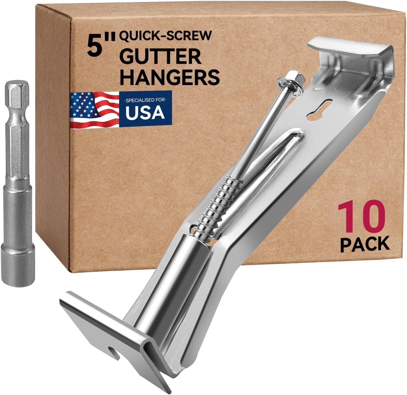 Gutter Hangers 5 inch - 10 Pack Gutter Brackets with Pre-Assembled Screw, Hidden Gutter Hangers for Repair Sagging