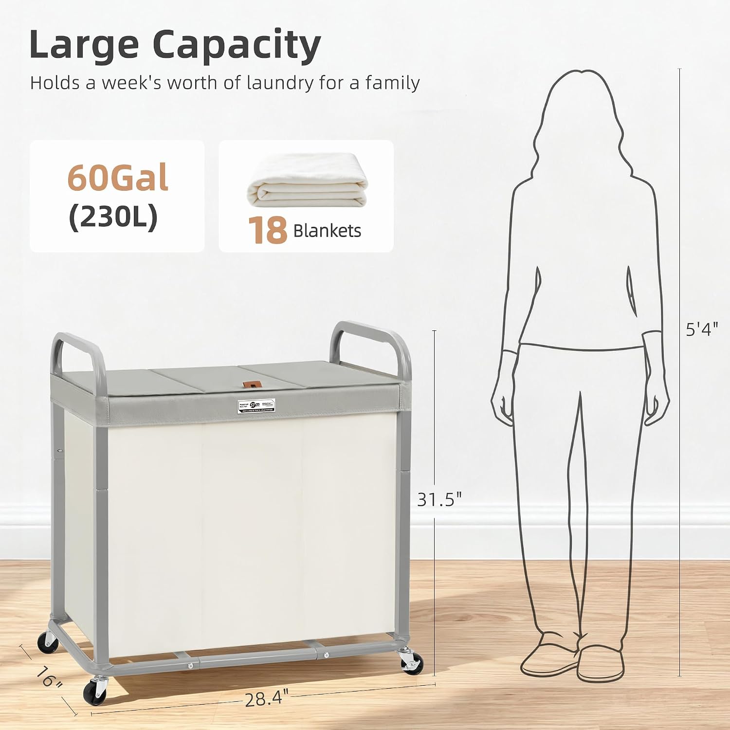 3 Section Laundry Sorter, 60 Gal. Laundry Hamper Cart with Heavy Duty Rolling Lockable Wheels and Removable Bags