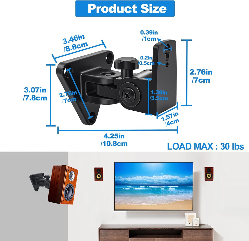 Speaker Wall Mount,Swivel and Tilt,Holds up to 30lbs,2 Packs | All Aluminum Wall Speaker Mount for Small Speakers