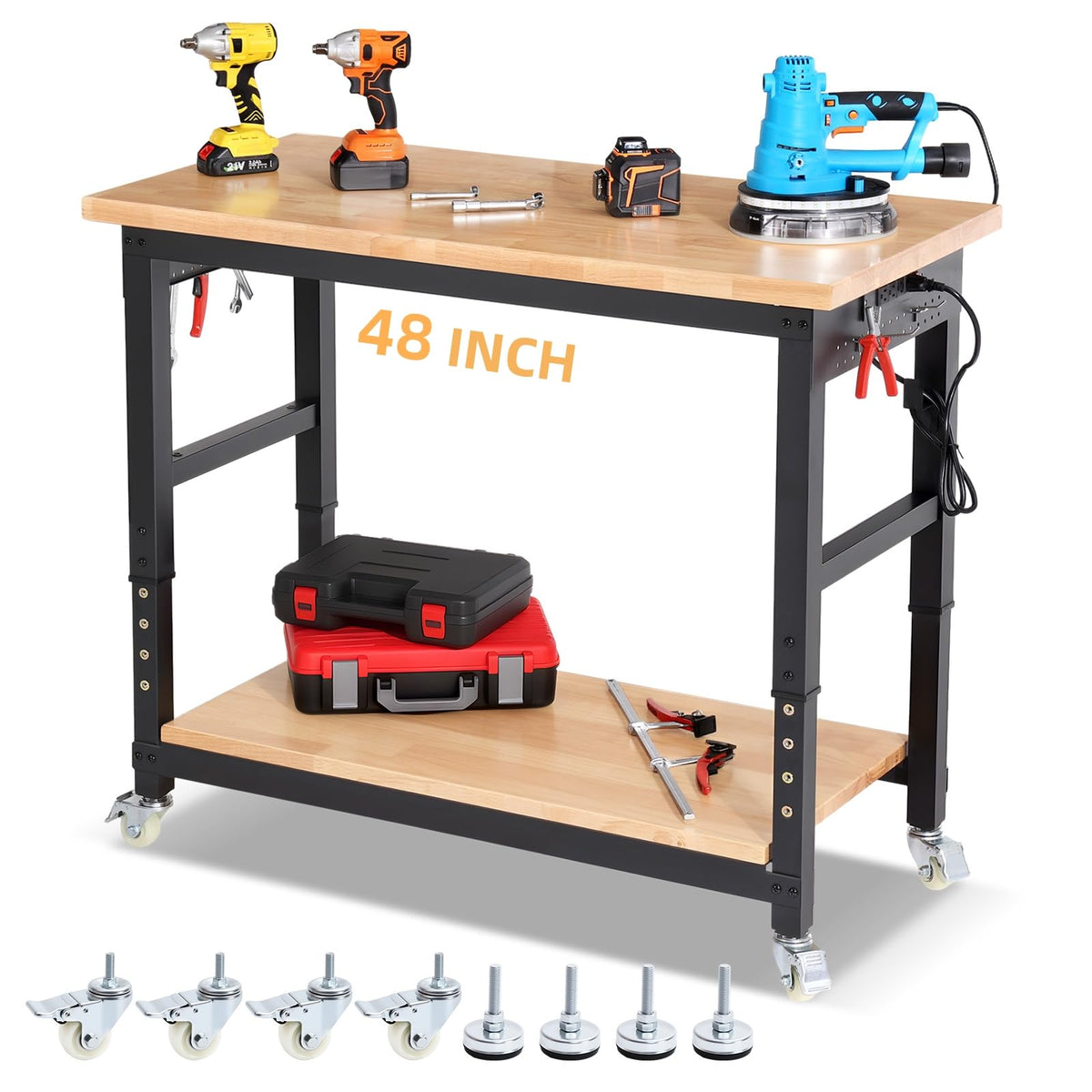 48" Adjustable Height Workbench with Wheels Heavy Duty Work Table with Under Table Shelf, Dual Pegboards & Power