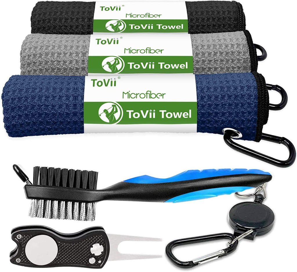 Golf Towel Microfiber Waffle Pattern Golf Towel | Brush Tool Kit with Club Groove Cleaner | Golf Divot Tool | Golf
