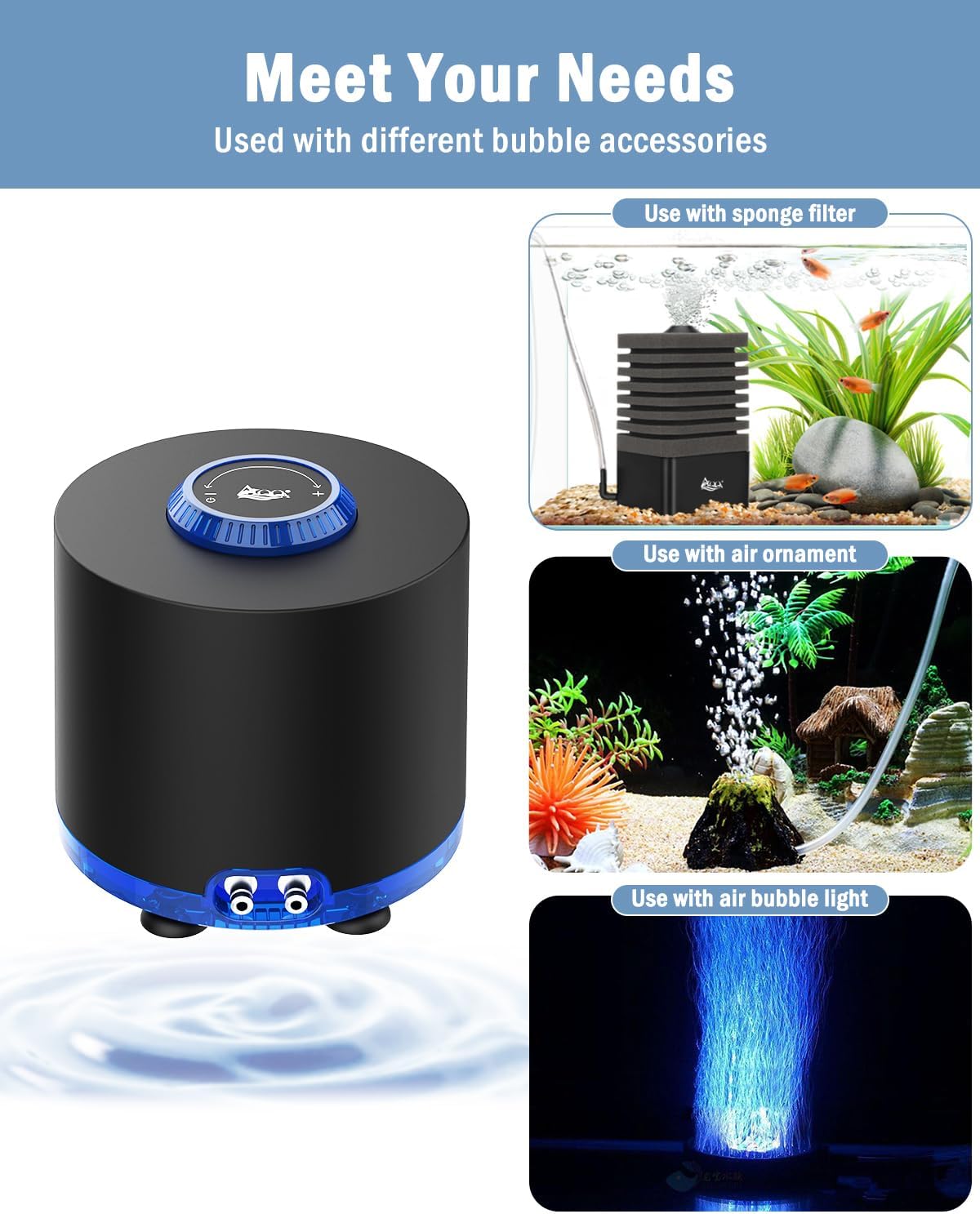 Aquarium Air Pump, 3W Powerful Dual Outlet Adjustable Oxygen Aerator | Quiet Operation, Stainless Steel Outlet Fish
