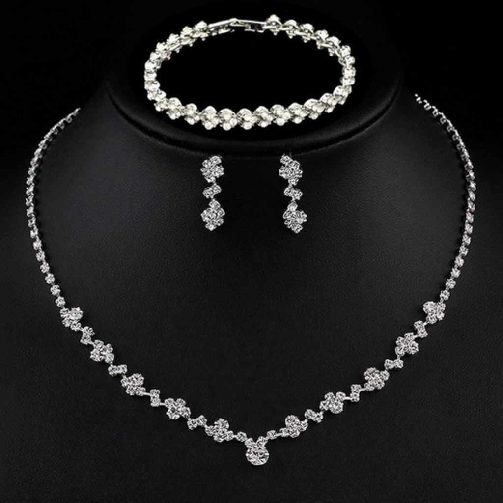 Crystal Wedding Jewelry Set, Silver Necklace Earrings Bracelet Crystal Bridal Wedding Jewelry Sets for Brides