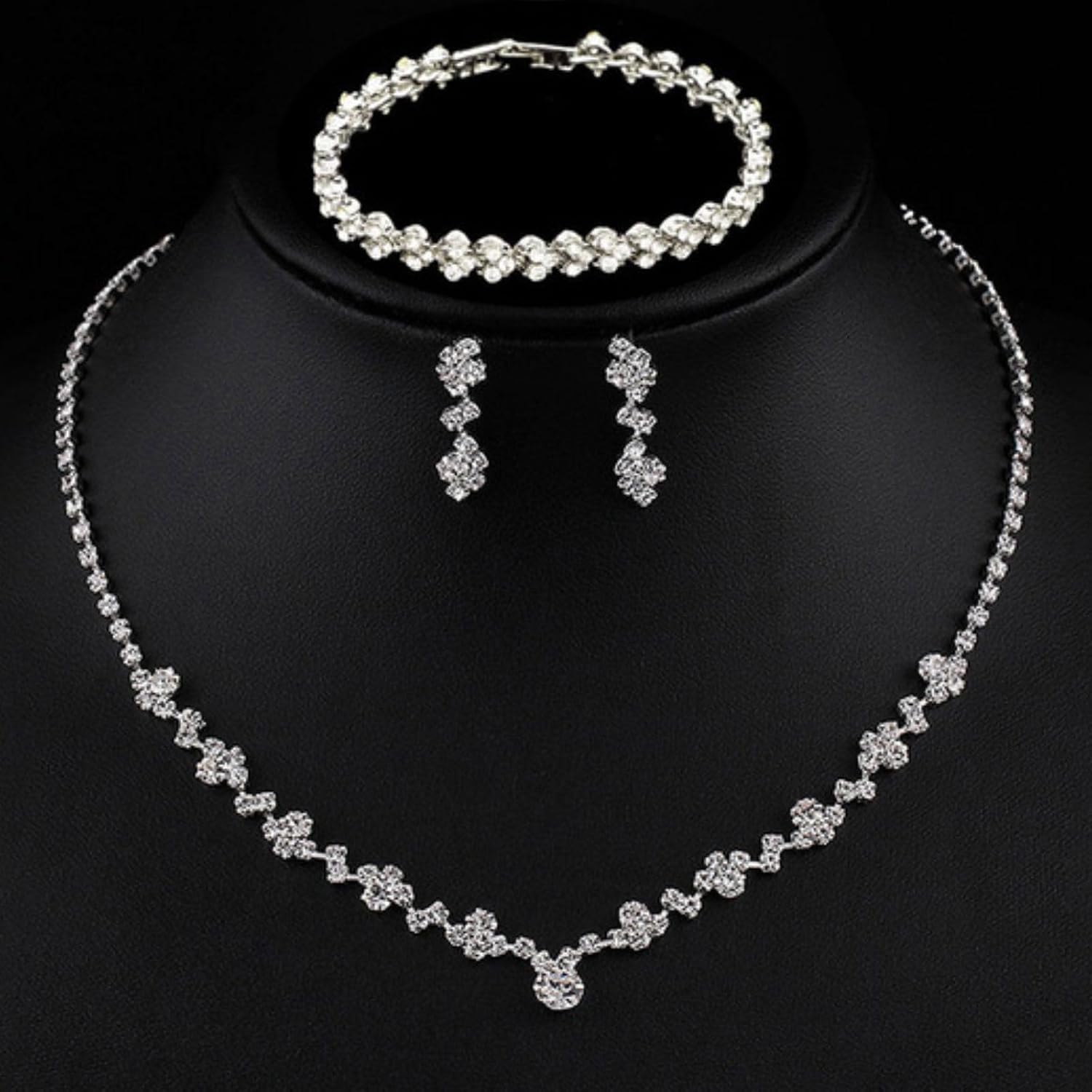 Crystal Wedding Jewelry Set, Silver Necklace Earrings Bracelet Crystal Bridal Wedding Jewelry Sets for Brides