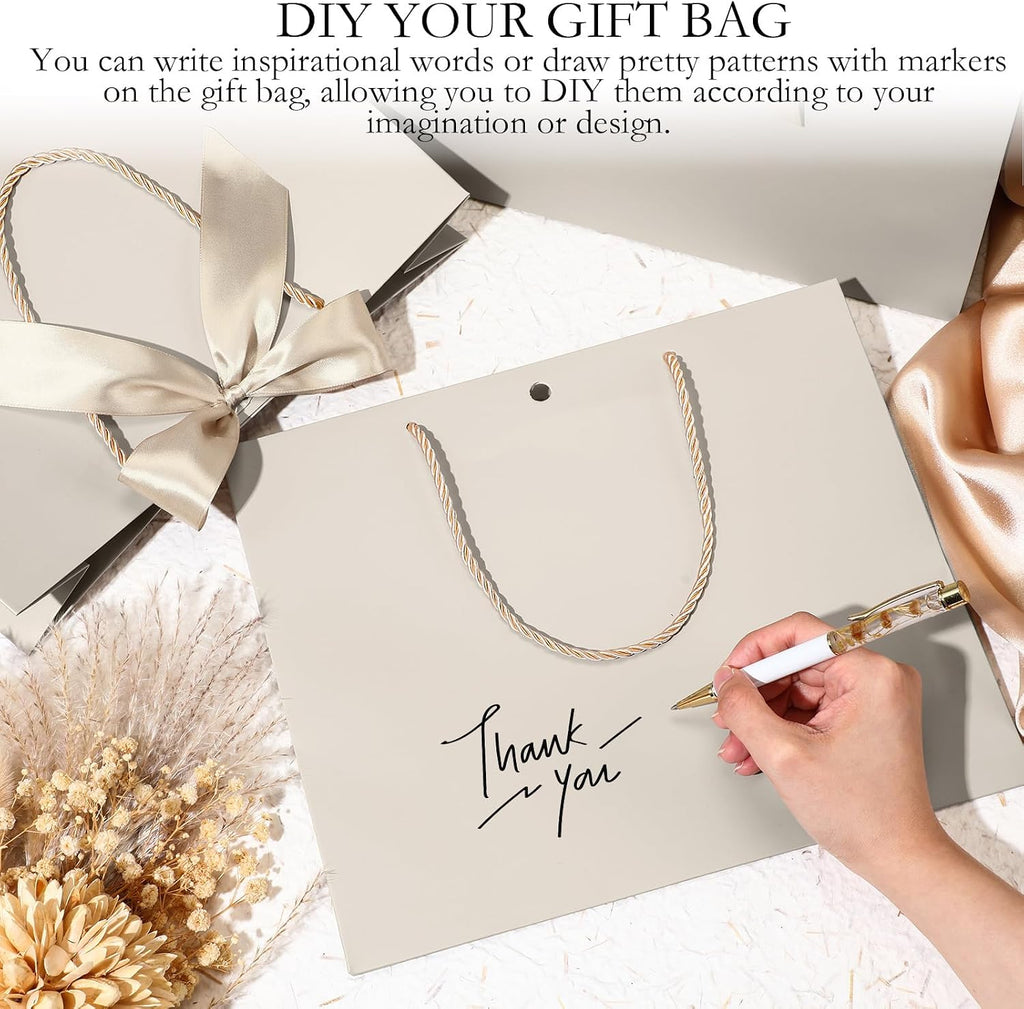 12 Pcs Paper Gift Bags with Handles&Bow Ribbon, Champagne