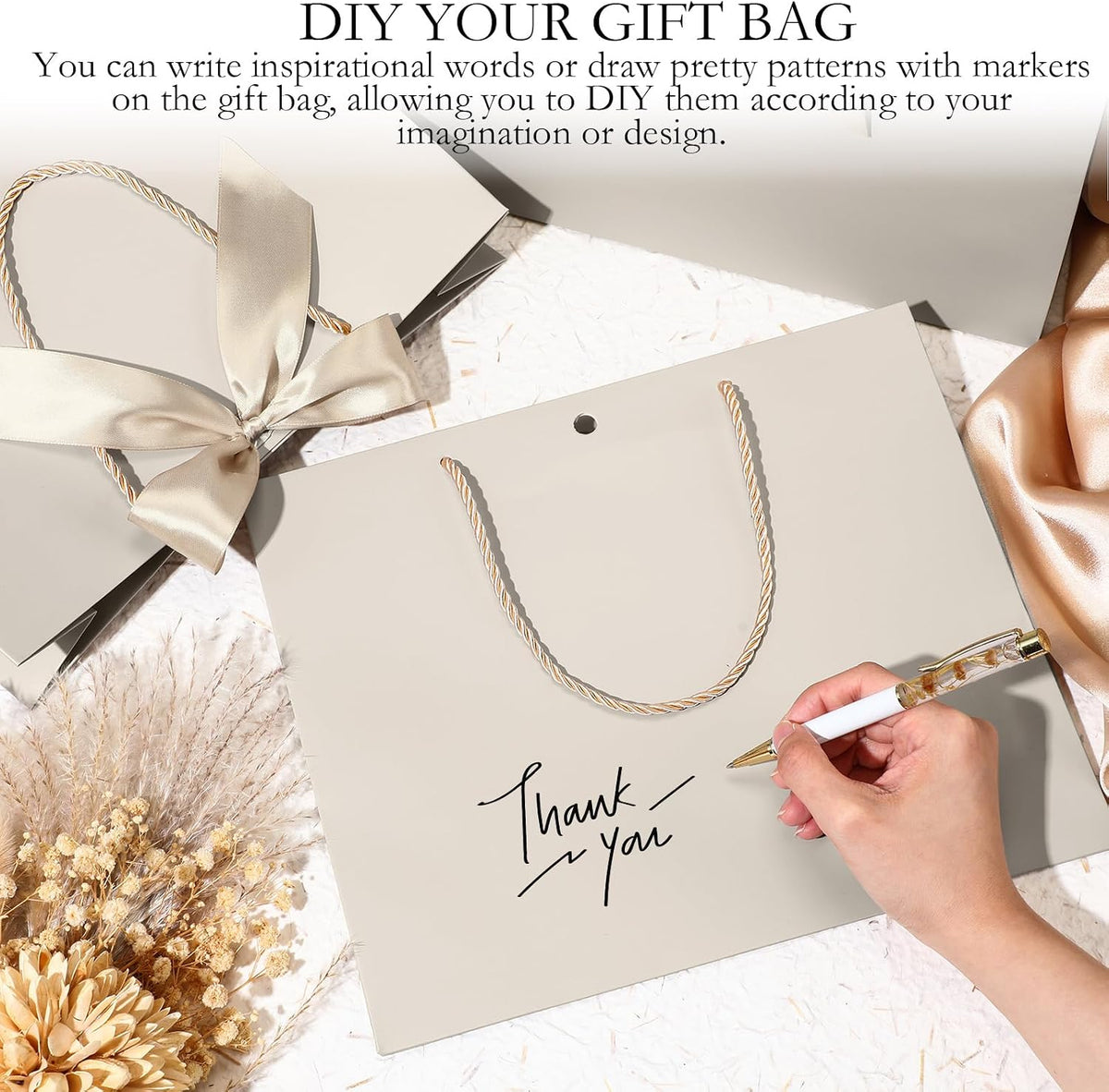 12 Pcs Paper Gift Bags with Handles&Bow Ribbon, Champagne