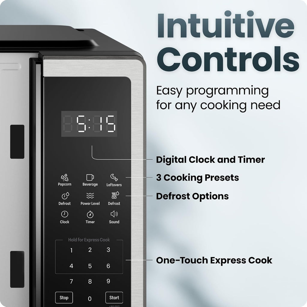 Compact Countertop Microwave, 0.7 Cu Ft, 700W, Stainless | 10 Power Levels, 3 One-Touch Presets, +30 Second Button