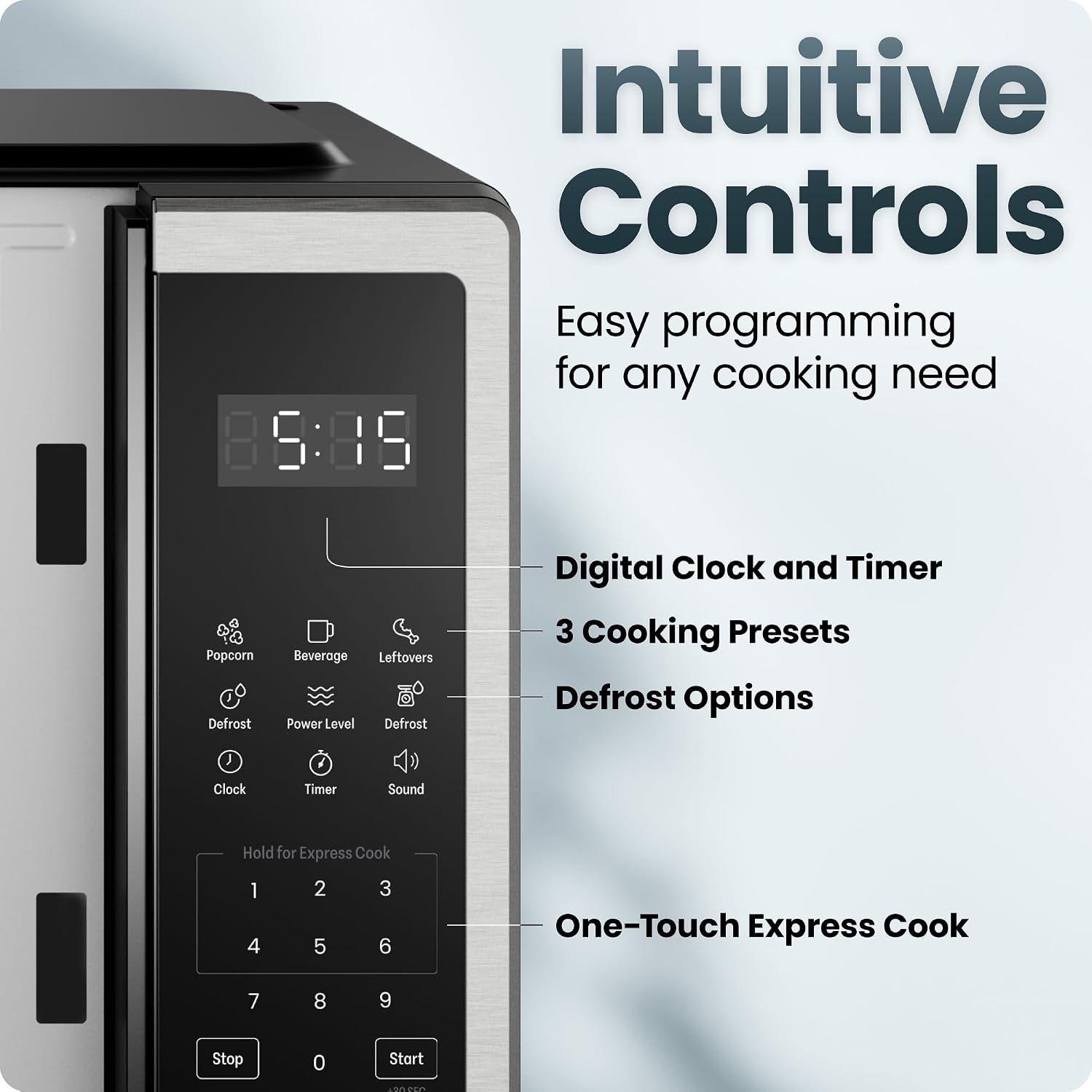Compact Countertop Microwave, 0.7 Cu Ft, 700W, Stainless | 10 Power Levels, 3 One-Touch Presets, +30 Second Button