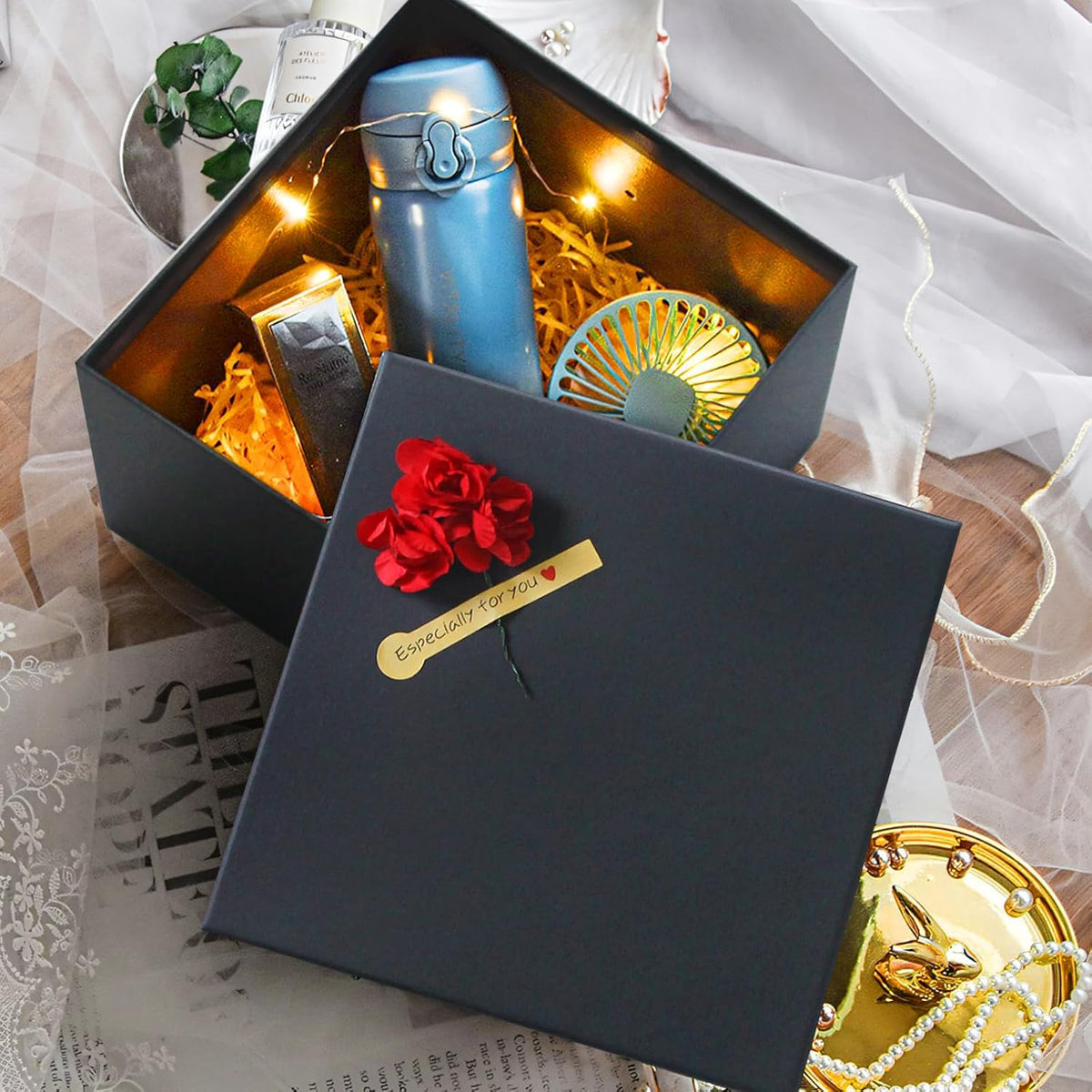 Black Gift Boxes for Presents -Nesting Set of 5 Square Gift Boxes with Lids in Assorted Sizes - Sturdy Gift Wrap