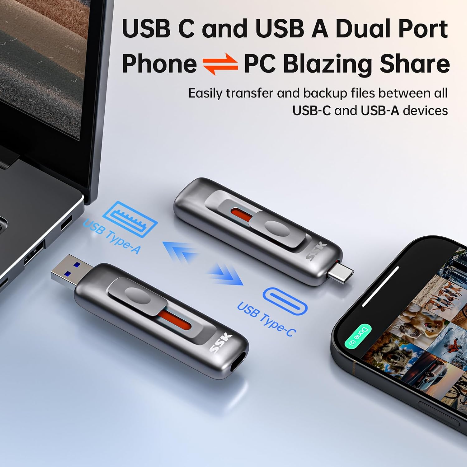 256GB Flash Drive SSD External, Push-Pull USB Drive up to 1000MB/s Dual Head, Thumb Drive-USB SSD Memory Stick for