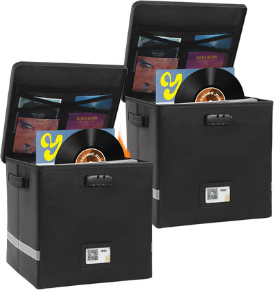 2 Packs Vinyl Record Storage Box with Smart Labels,Fireproof Record Crate Collapsible Waterproof Album Storage with