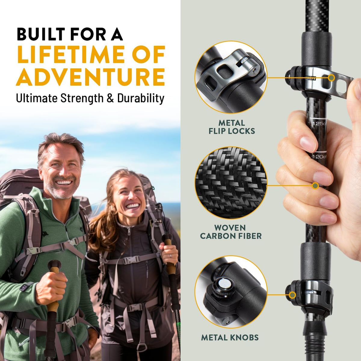 100% Carbon Fiber Trekking Poles by USA Brand - Ultra Strong Lightweight Collapsible Hiking Poles with Cork and EVA