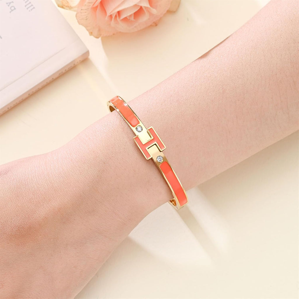 H Bangle Bracelet for Women - 18K Gold Plated Stainless Steel Enamel Bracelet - Fashion H Letter Jewelry - Elegant