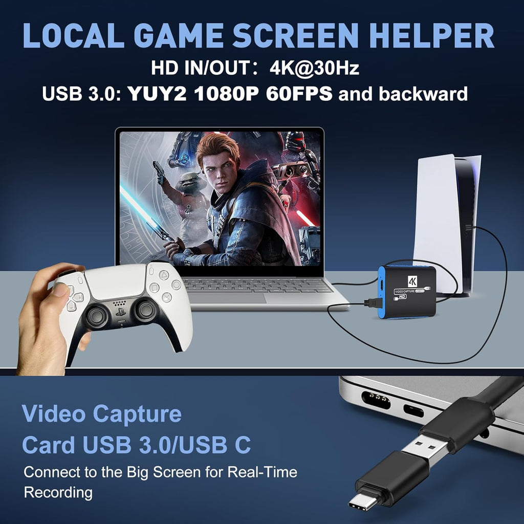 USB Capture Card for Streaming, YUY2 1080P 60FPS for Switch/PS5/Xbox/DSLR | 4K HDMI Pass-Through, 3.5mm Mic-in, Plug