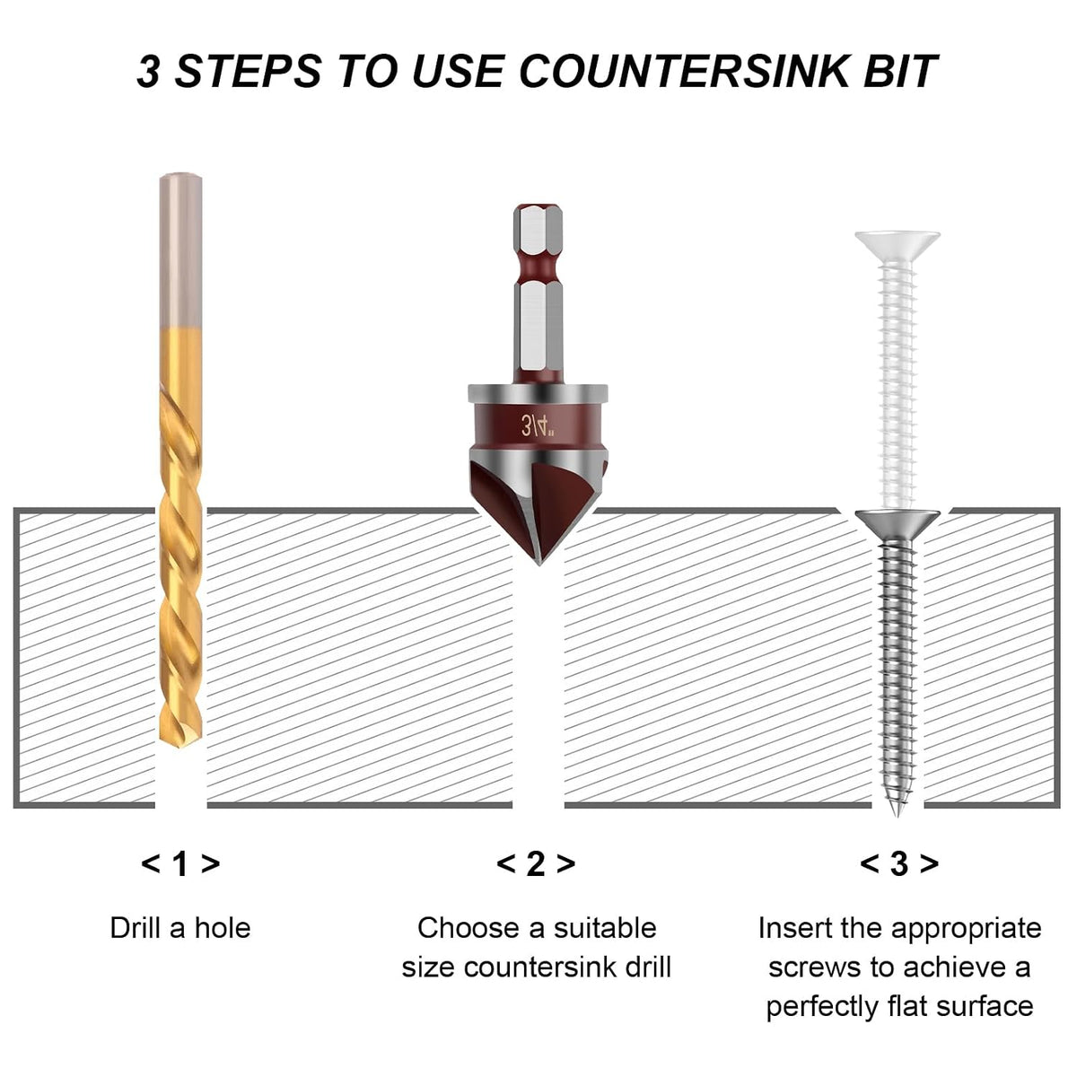 Countersink Drill Bit, 5PCS HSS Hex Shank Countersink Drill Bit Set