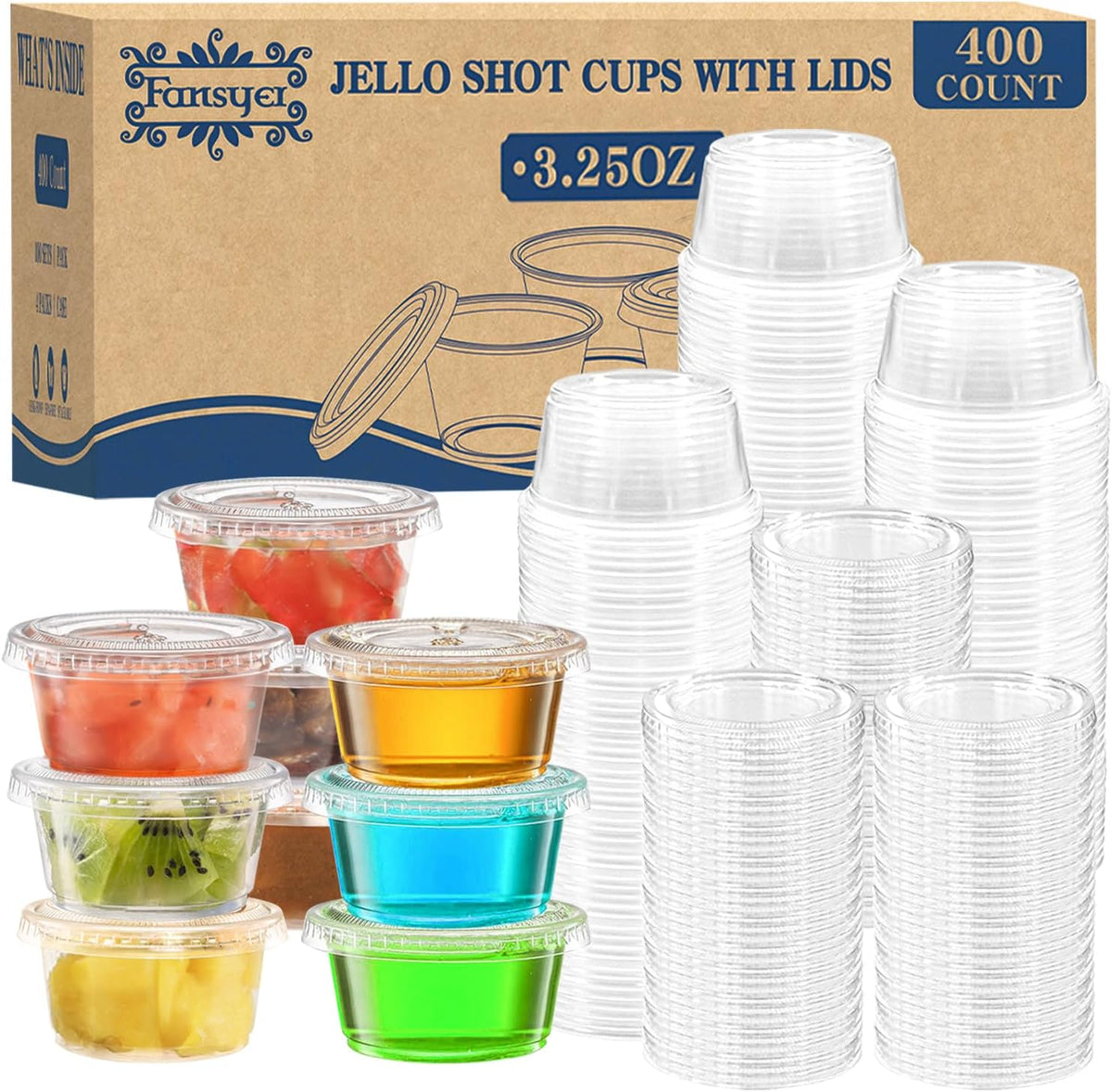 400 sets - 3.25 oz Portion Cups with Lids, Jello Shot Cups with Lids
