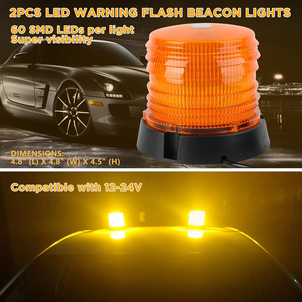 2pcs LED Warning Flash Beacon Lights, 60 LED Amber Warning Safety Flashing Strobe Lights with Magnetic and 16 ft